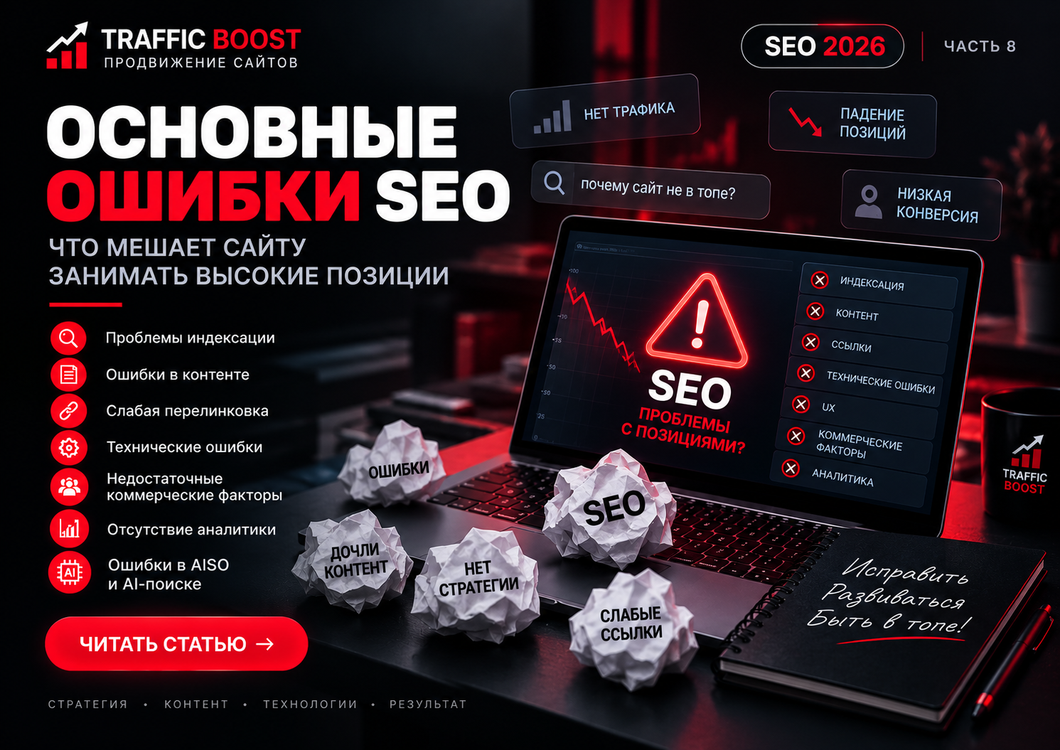 Основные ошибки SEO: что мешает сайту занимать высокие позиции — Traffic Boost, SEO 2026, часть 8