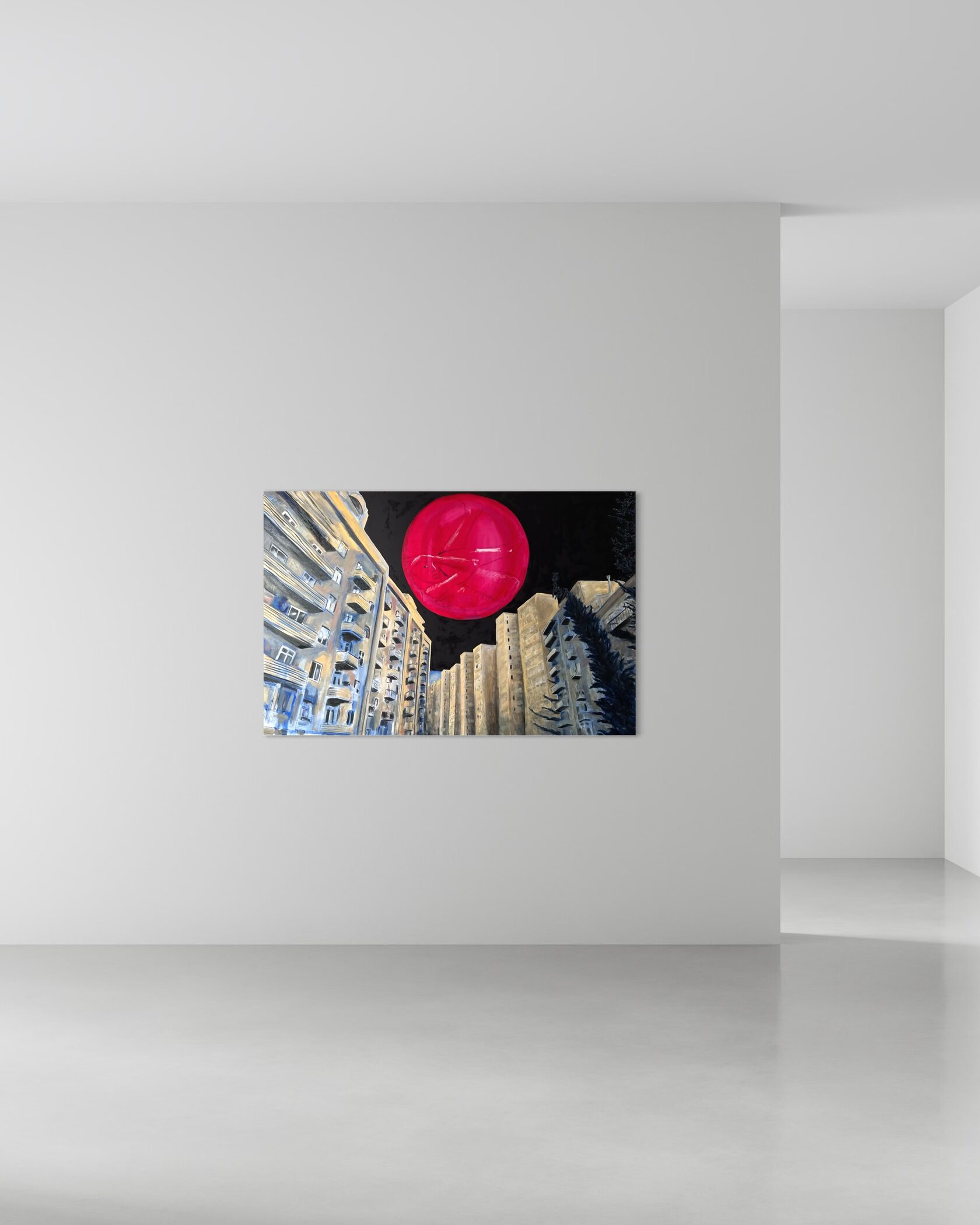 Современная картина Тбилиси — городской пейзаж с красной сферой, купить городской арт, Tbilisi khelovneba, urban painting