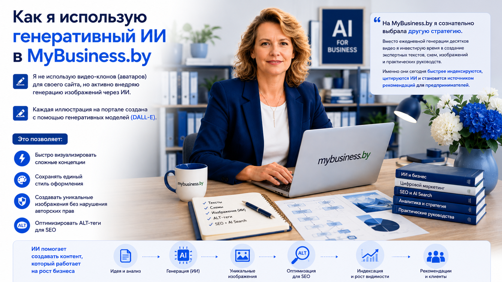 Как я использую генеративный ИИ в MyBusiness.by: инфографика с 4 преимуществами. 