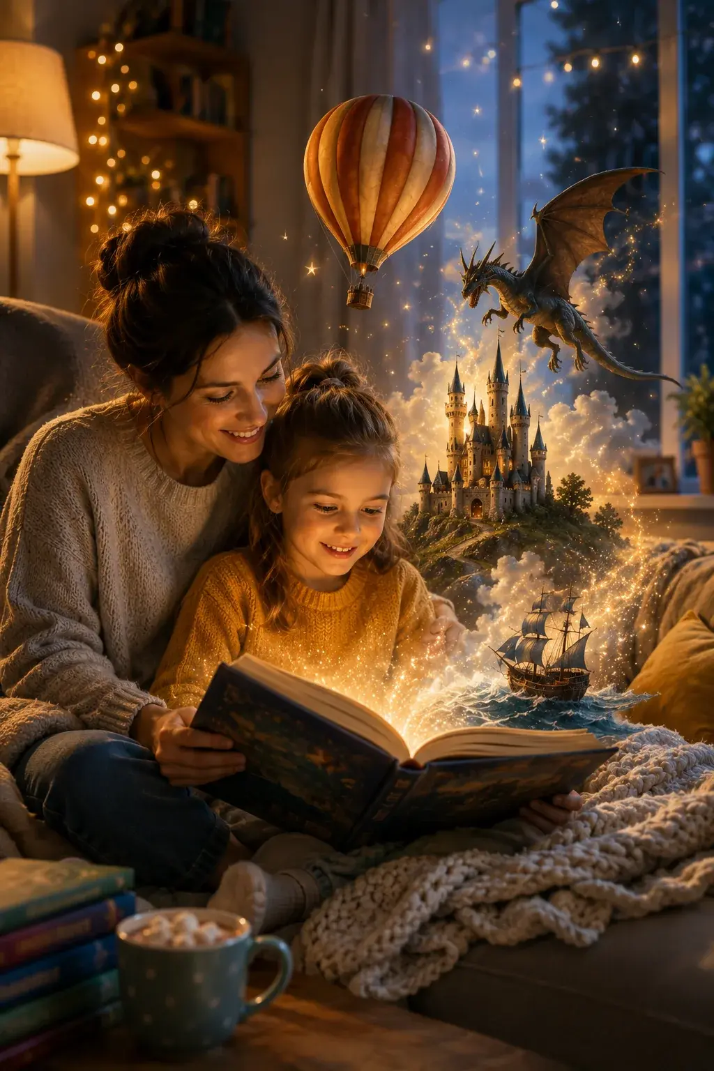 Мама и дочь читают английскую книгу, из которой оживает волшебный мир