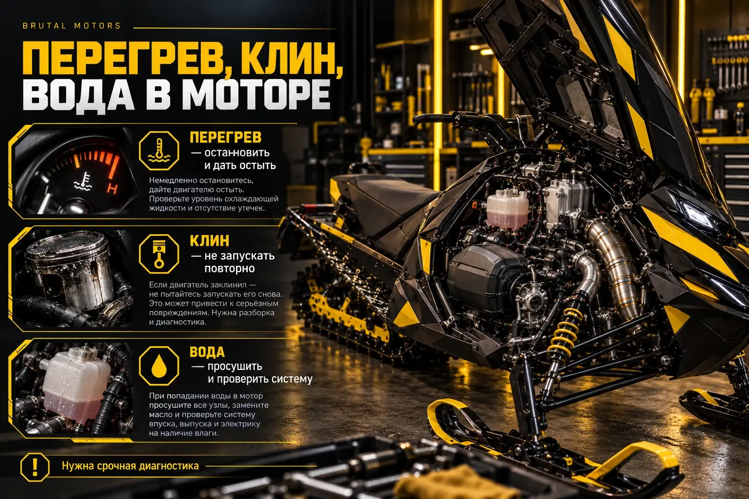 Что делать при перегреве, клине и попадании воды в двигатель Инфографика: перегрев, заклинивание и попадание воды в двигатель снегохода