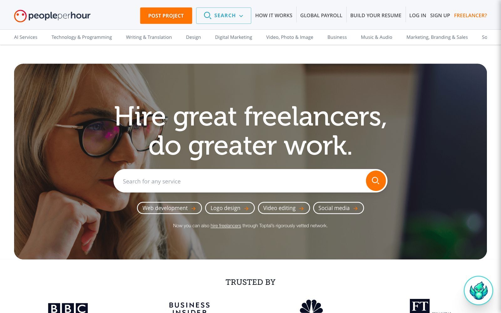 Screenshot of the PeoplePerHour homepage with the headline Hire great freelancers, do greater work, a search bar for services and freelance categories