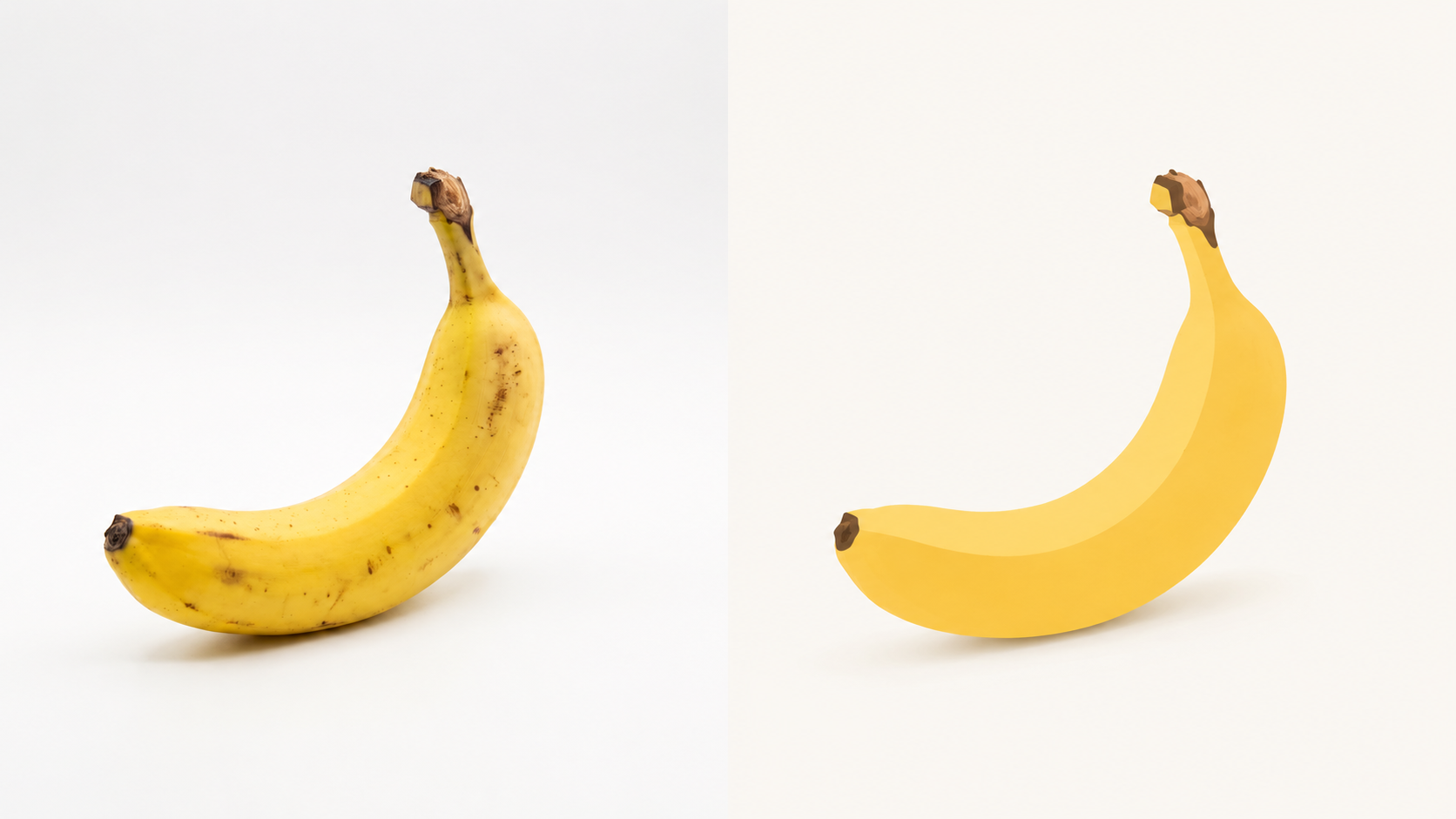 Side-by-side horizontal comparison of a real banana reference photo and a minimalist illustration of the same banana on a clean light background.