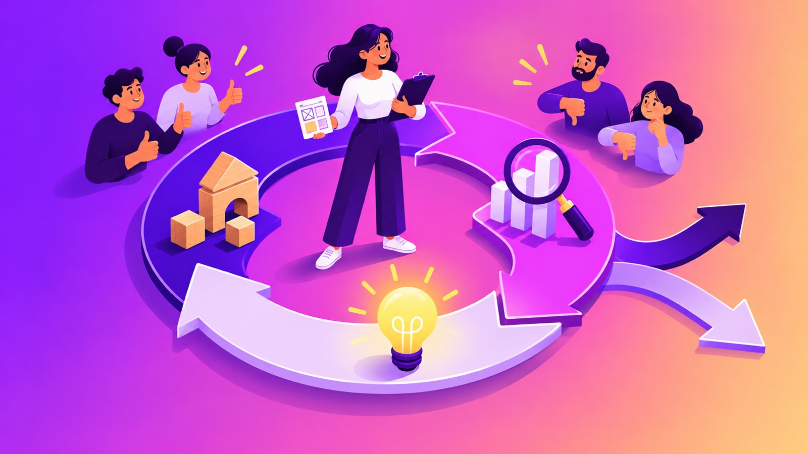 The Lean Startup summary illustration: a woman founder stands inside a build-measure-learn loop with a prototype, a chart and a lightbulb while customers react