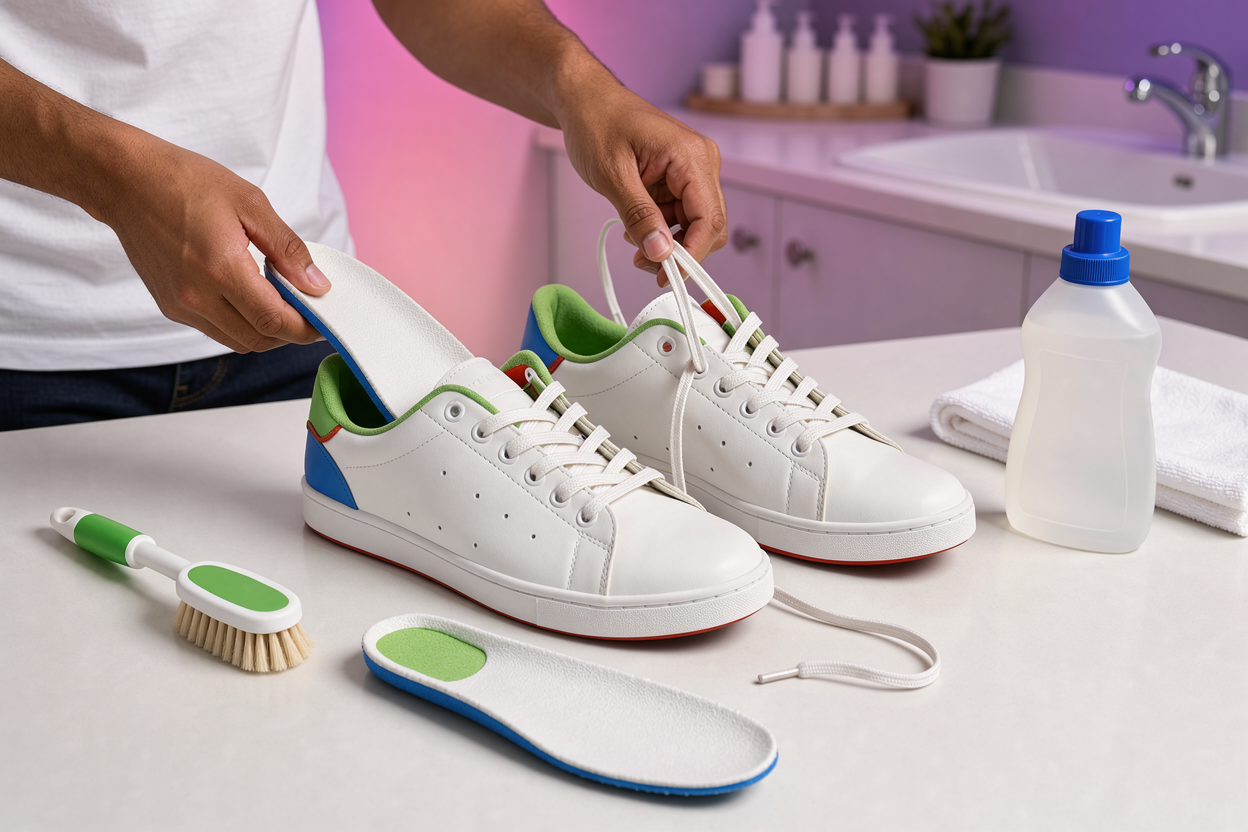 Hands removing insoles and shoelaces from a pair of sneakers on a clean laundry room countertop, with a soft brush and mild detergent bottle visible but unlabeled
