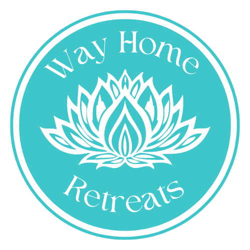 Way Home Retreats logo, picturing a white lotus flower with 18 petals in a turquoise fond.