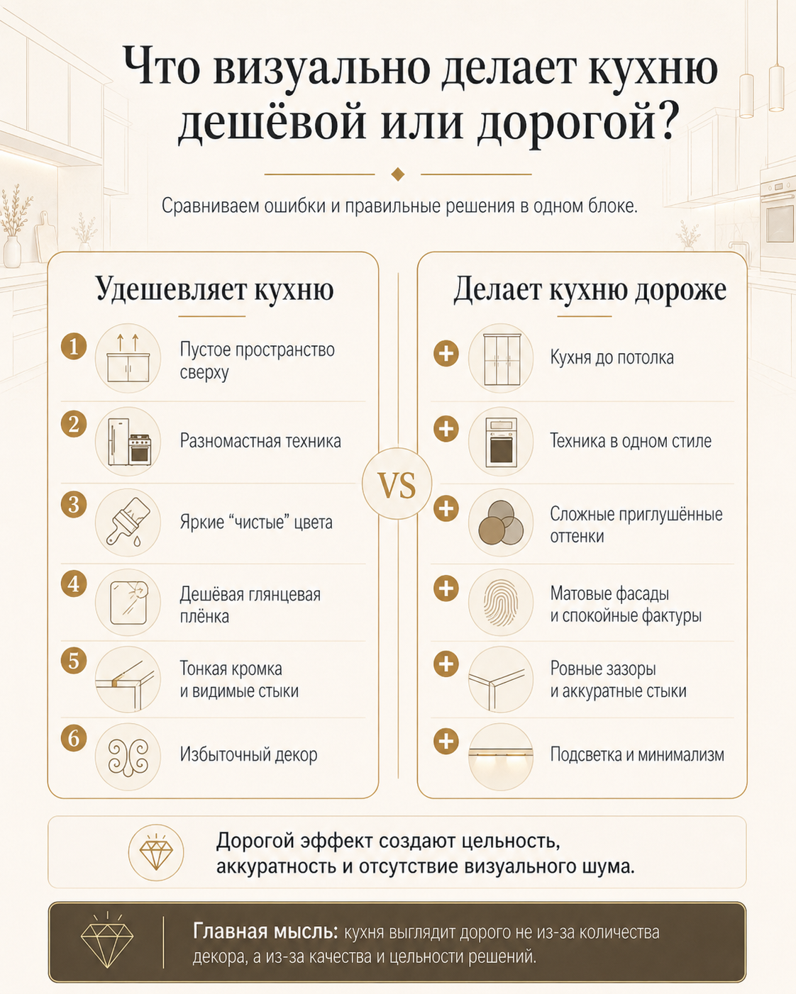 Инфографика: что визуально делает кухню дешёвой или дорогой