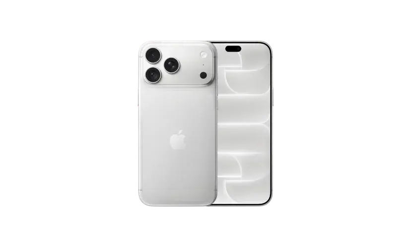 iPhone 18 Pro Max в серебристом цвете, вид спереди и сзади