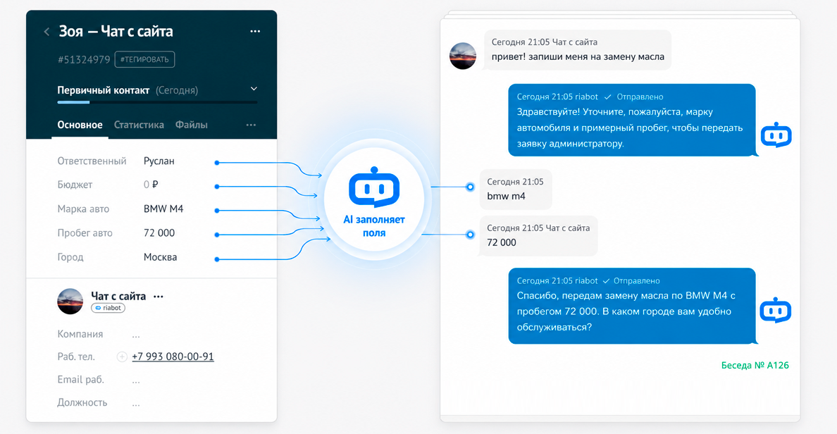 AI-менеджер общается с клиентом и заполняет поля в amoCRM
