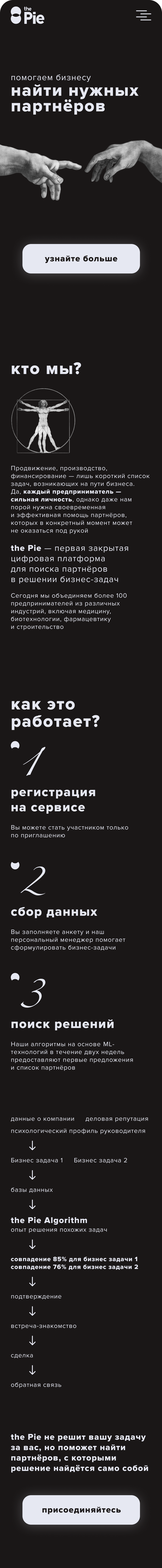 посадочная страница the Pie, мобильная версия