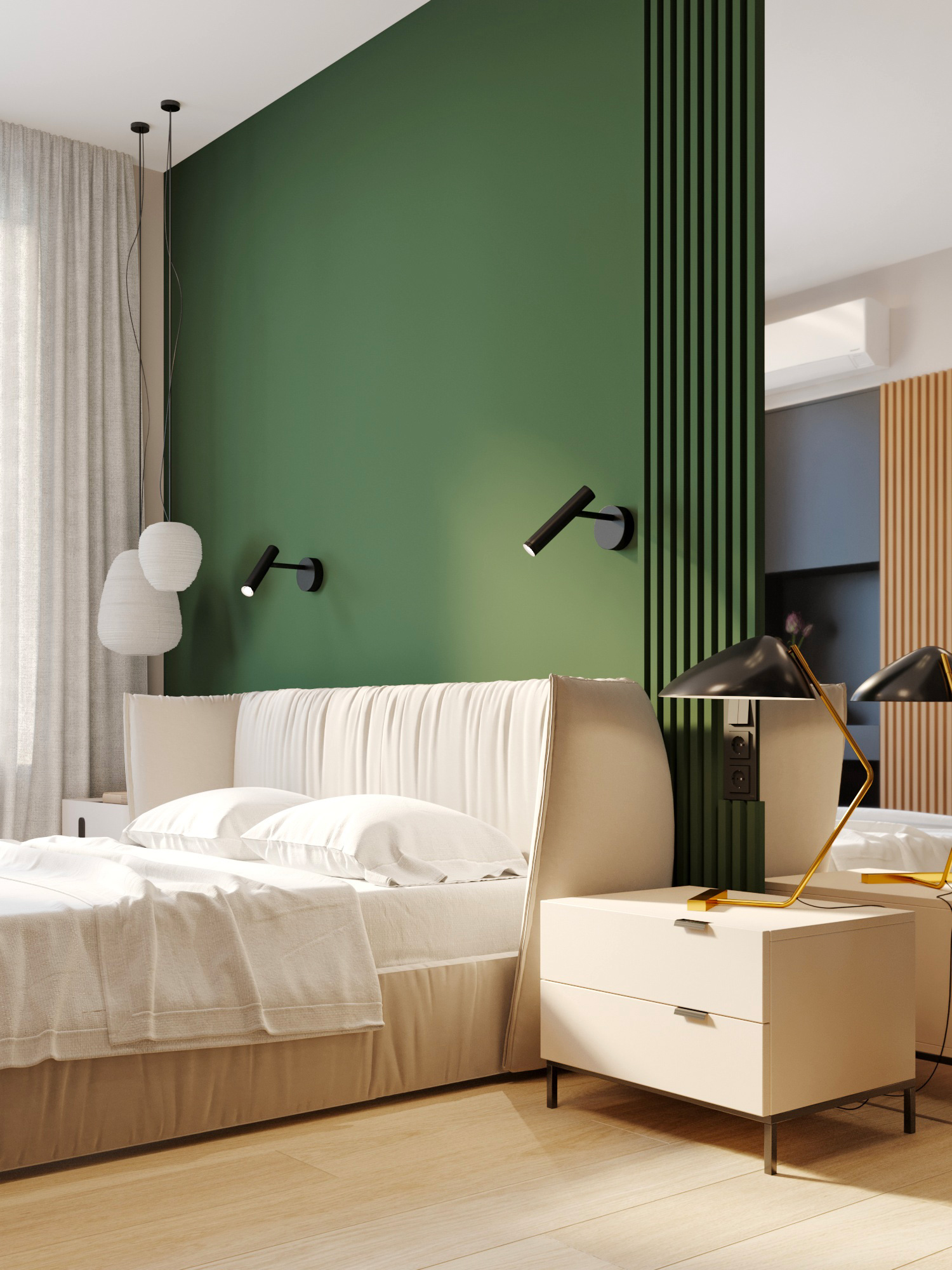 Lit élégant dans une chambre aux murs verts