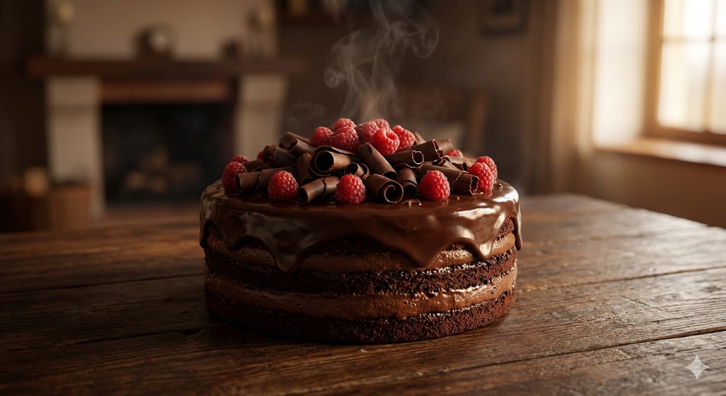 Роскошный многослойный шоколадный торт с ганашем и ягодами на деревянном столе в честь праздника 27 января.