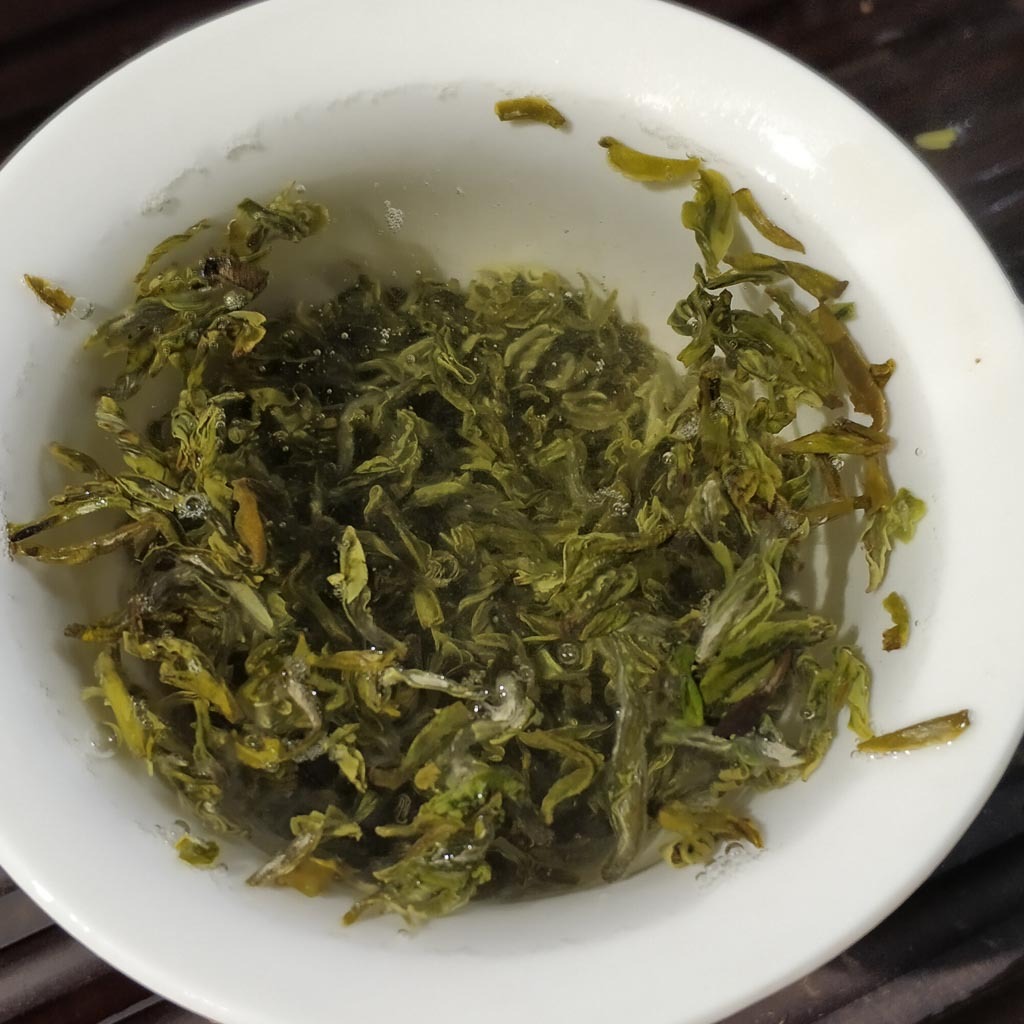 Dry Green Snail Spring tea leaves showing spiral shape
