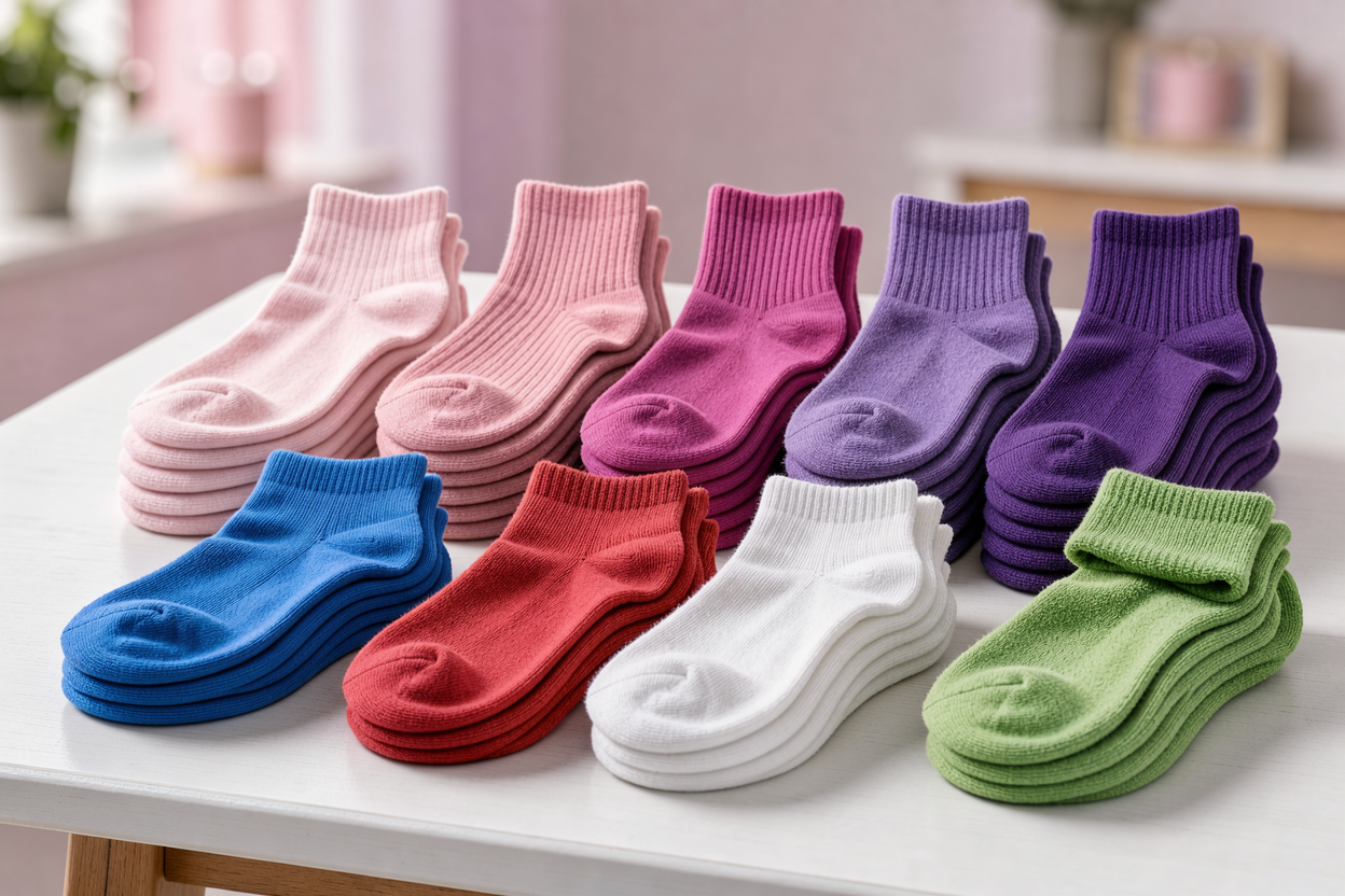 Pile of assorted socks sorted into separate stacks by color and fabric type on a wooden table, close-up