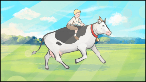 Динамический эпизод рекламной кампании: мальчик с восторгом скачет верхом на корове по зелёным лугам