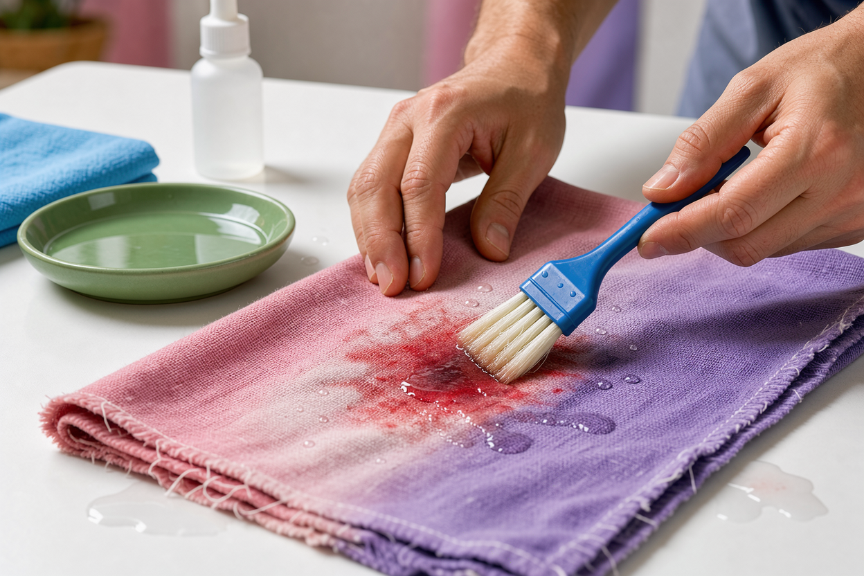 close-up of hands gently treating a stain on fabric with water and a soft brush, fabric fibers visible