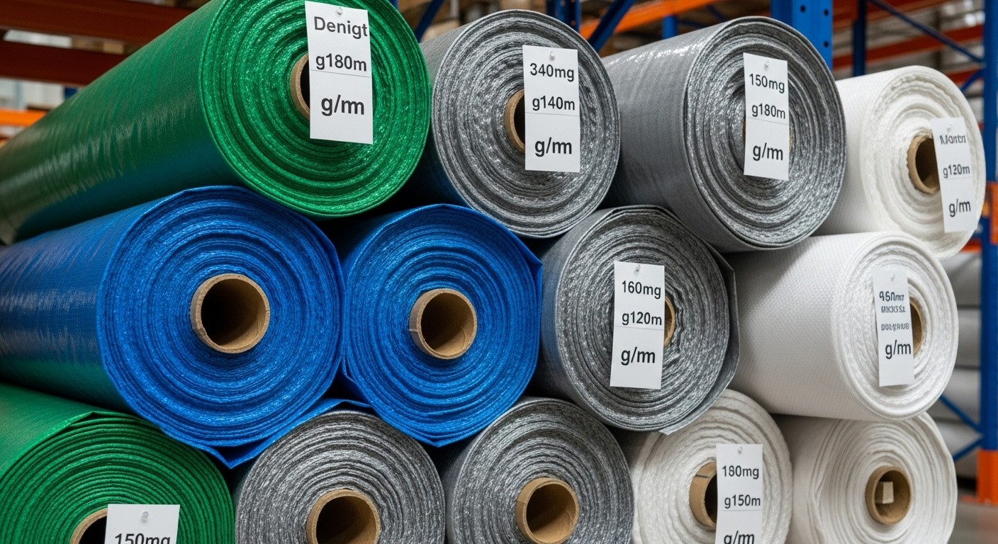 Рулоны тентовых тканей разной плотности на складе производства с маркировкой веса для сравнения материалов тарпаулин и оксфорд