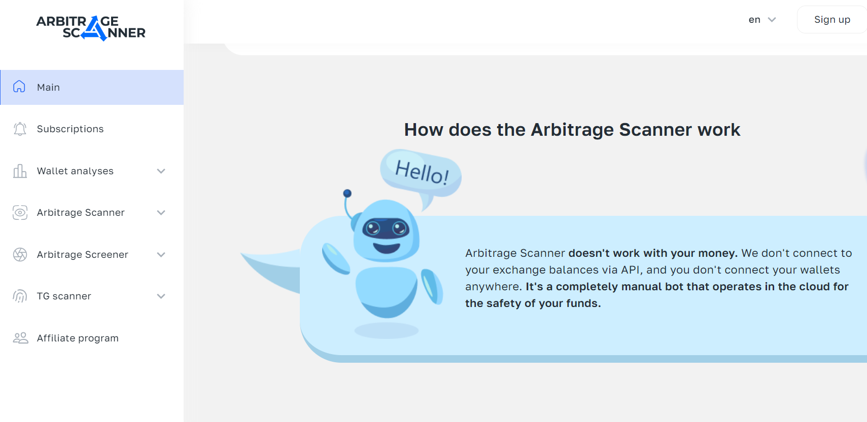 Arbitrage Scanner main menu: crypto arbitrage screener