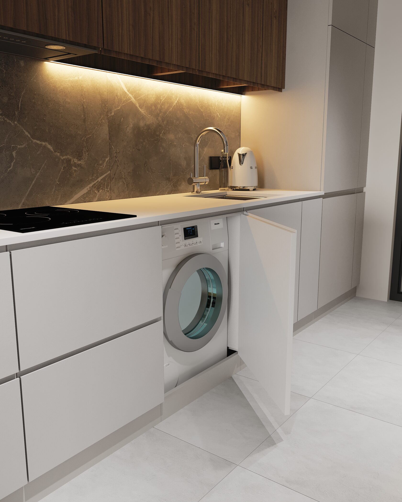 стиральная машина на кухне в кухонном гарнитуре под столешницей