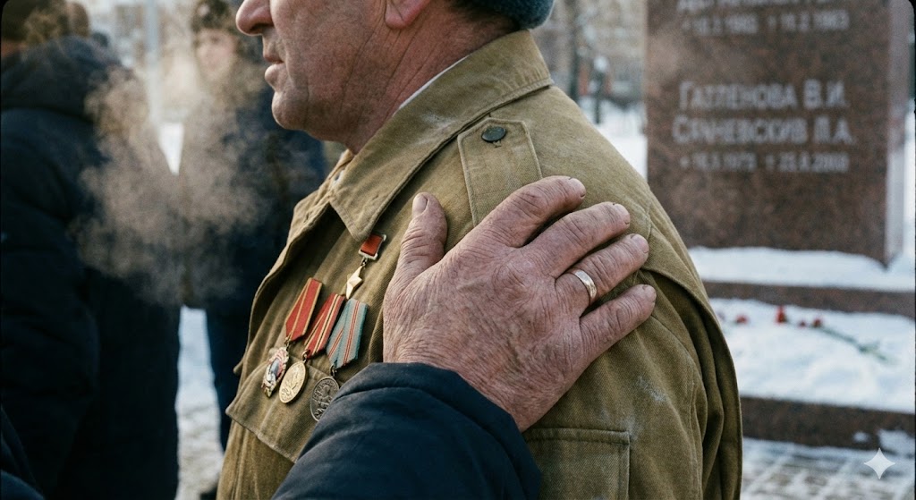 Встреча ветеранов боевых действий: рукопожатие и медали крупным планом