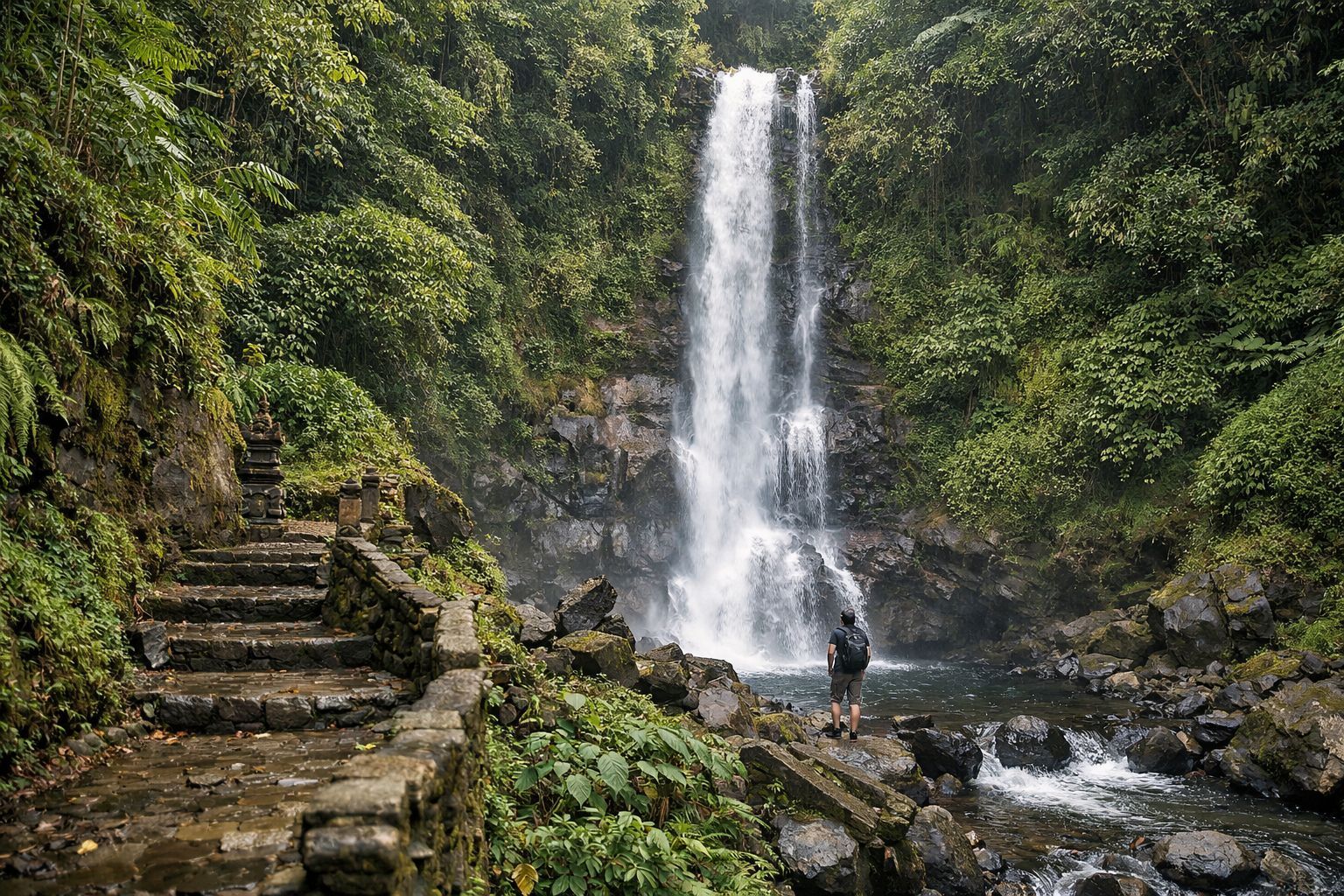 Air Terjun Gitgit di Buleleng Bali Utara dengan aliran tinggi di tengah hutan tropis