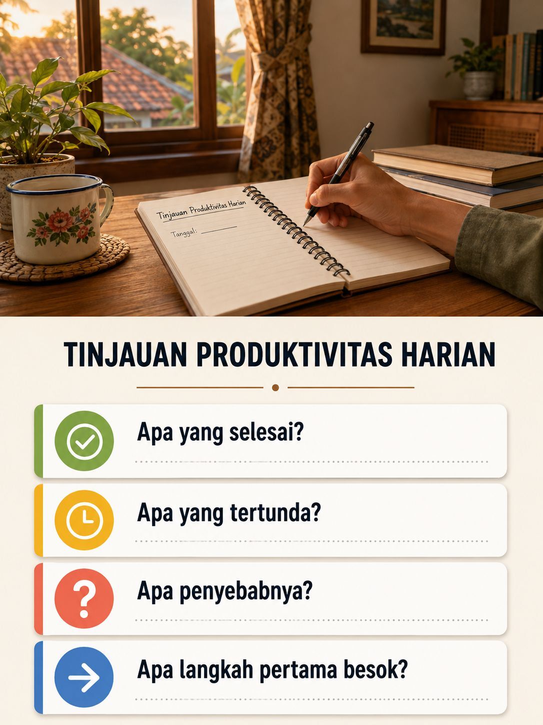 Empat pertanyaan untuk mengevaluasi pekerjaan dan menyiapkan hari berikutnya