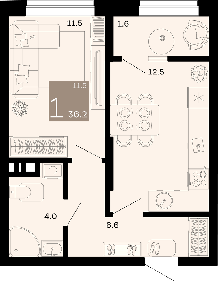 Однокомнатная квартира 36.2 м²