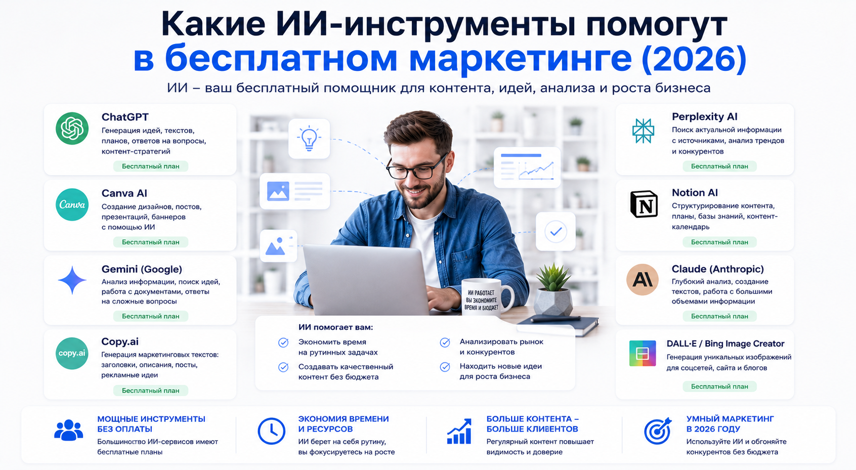 ИИ-инструменты для малого бизнеса в 2026 году: ChatGPT, Gemini, Claude, Perplexity, Canva AI и другие сервисы для создания контента, анализа рынка и продвижения бизнеса без бюджета.