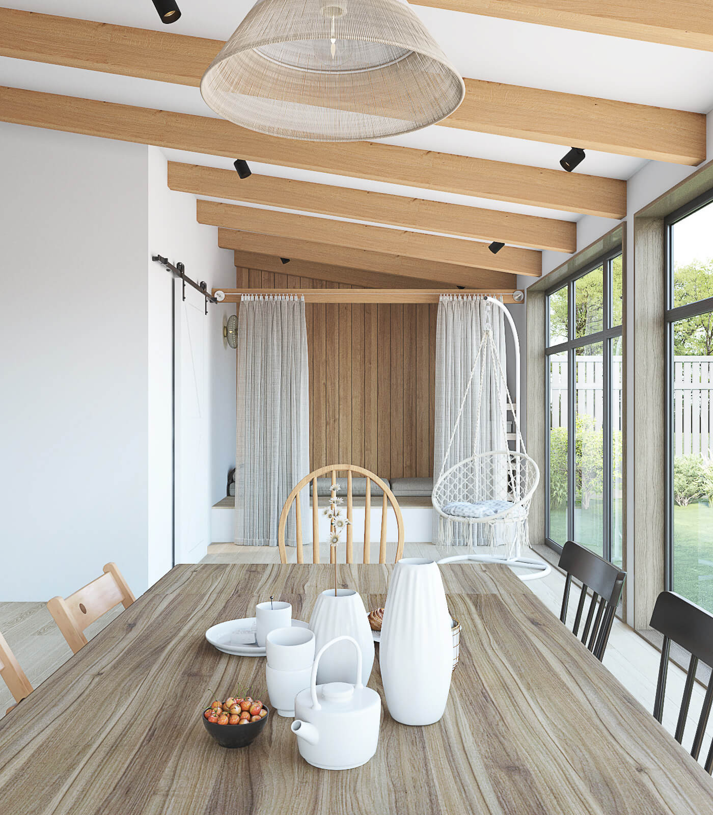 Стол с разными стульями в загородном доме.