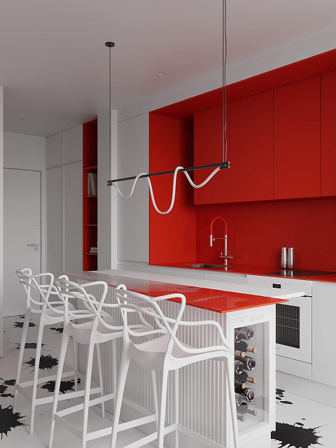 Дизайн интерьера в белых и красных тонах, с рисунком чёрных пятен на полу. Кухня, барная стойка, белые барные стулья, красно-белая мебель для кухни