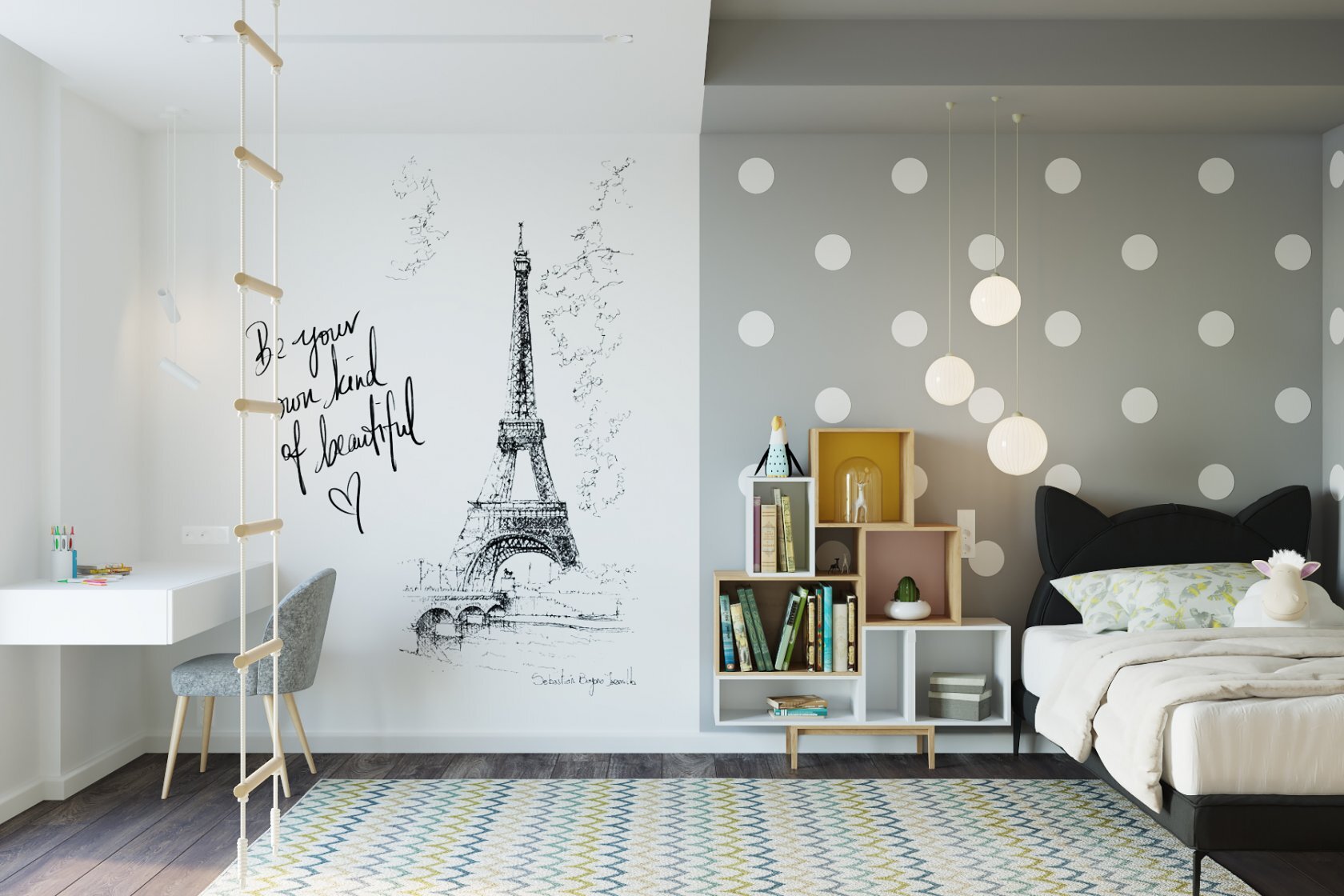 Aménagement chambre enfant avec lit original et mur gris à pois