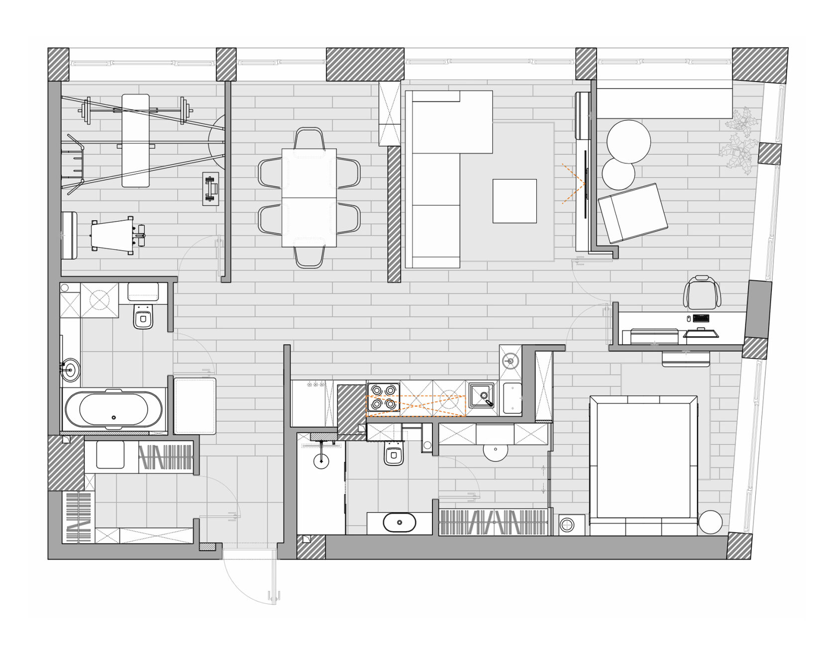 Plan réaménagé d’un appartement avec cuisine ouverte, optimisation de l’espace et nouvelle organisation