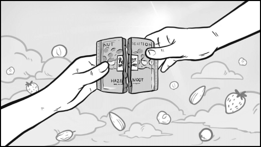 Разлом плитки Ritter Sport – вкус внутри – Кадр из рекламной композиции: шоколад делится на две части в руках. Натуральные ингредиенты, орехи, качество, премиальный бренд, шоколадное удовольствие