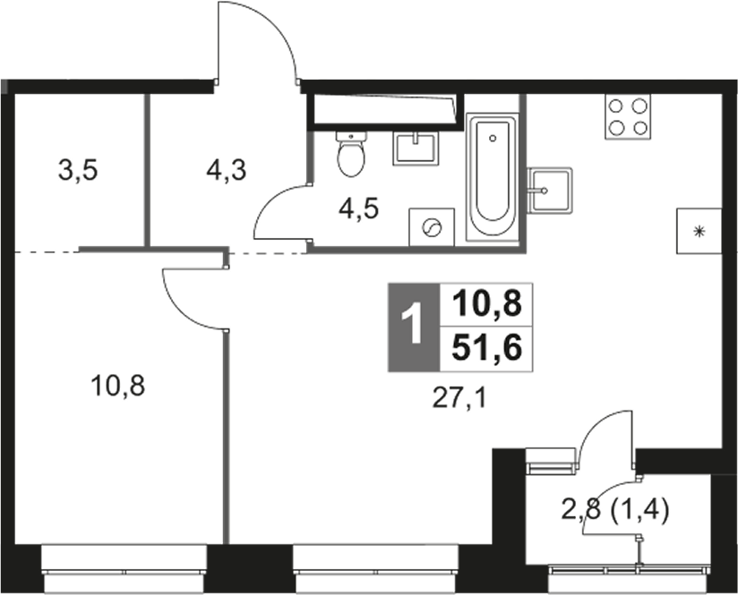 2-комн — 51,6 м²