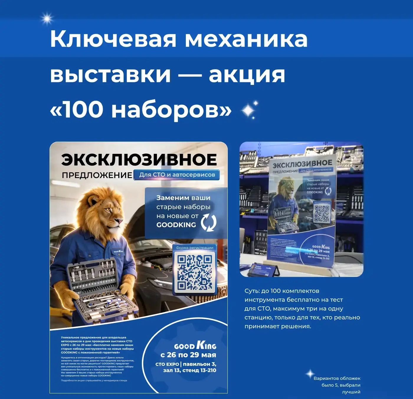 Ключевая механика выставки — акция «100 наборов»: эксклюзивное предложение для СТО и автосервисов с QR-регистрацией