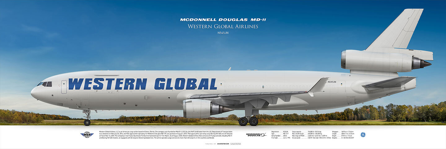 Грузовой самолёт на фоне пейзажа, McDonnell Douglas MD-11, Western Global Airlines