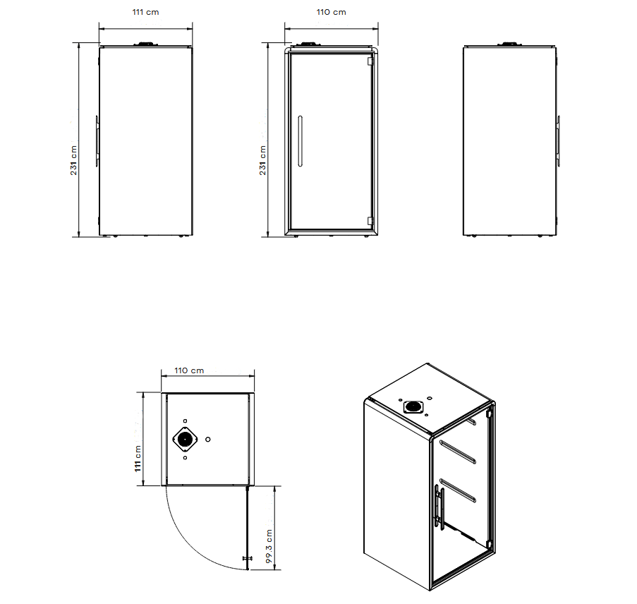 Technical drawing of single acoustic pod, 110 × 231 cm, right-hand door swing 93 cm