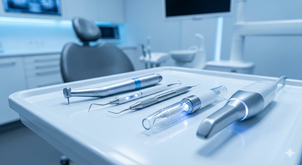 Профессиональные стоматологические инструменты в современной клинике с неоновой подсветкой