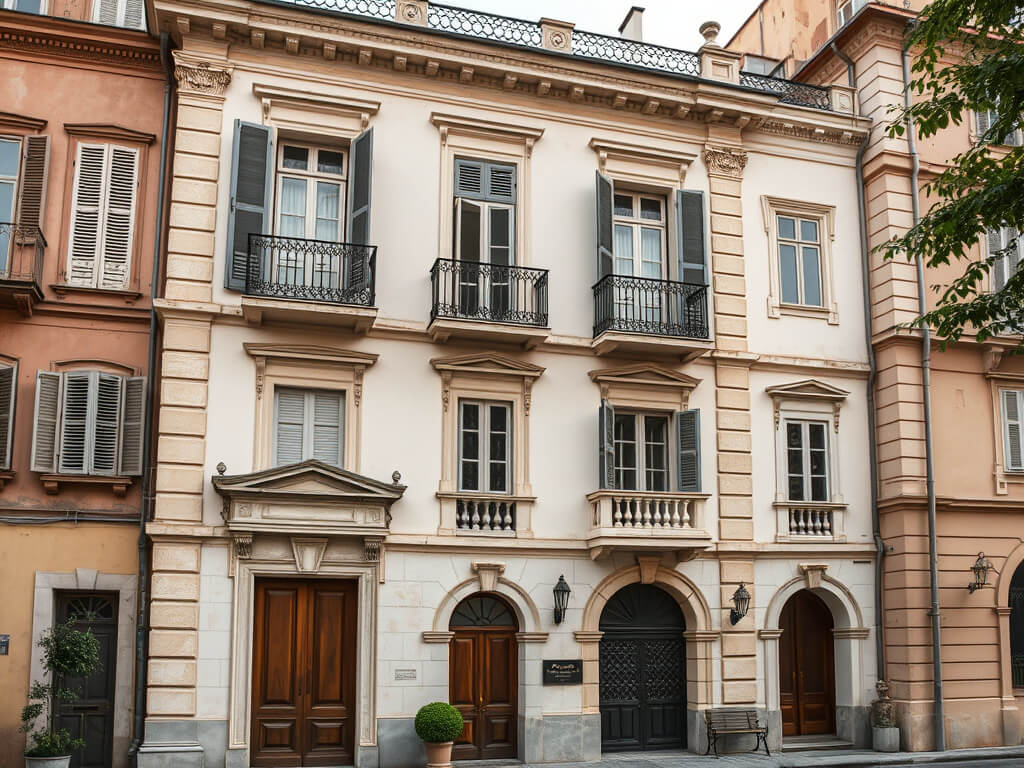 an elegant old house located in the historic center of the city. The building’s facade bears the marks of time: faded stucco, slightly weathered stonework, and shuttered windows hint at its former grandeur. At the same time, architectural details—graceful