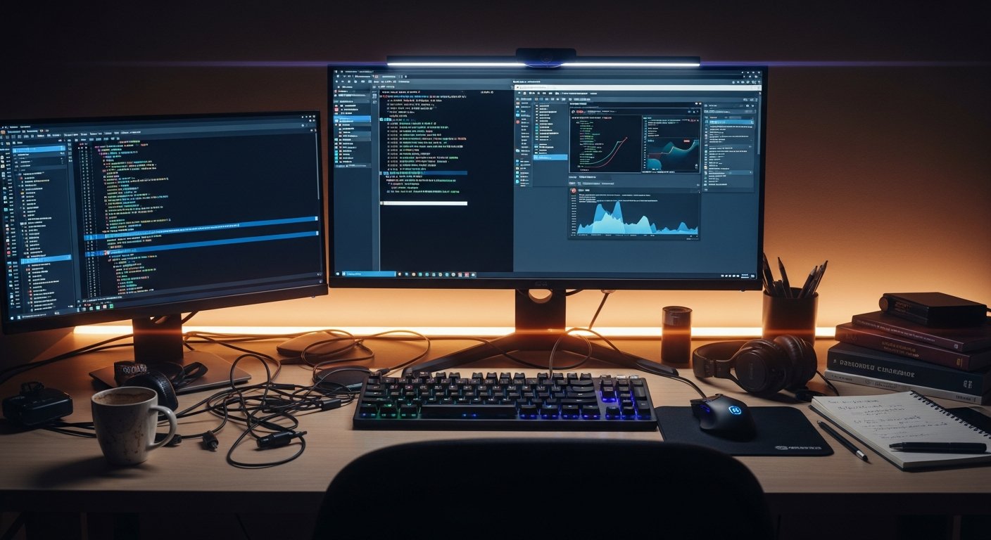Рабочее место разработчика с монитором, на котором видны логи Docker контейнера и интерфейс локального приложения