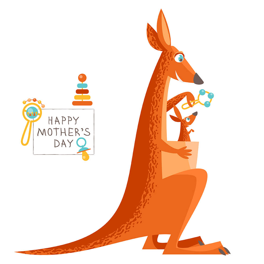 Кенгуру показывает погремушку кенгуренку