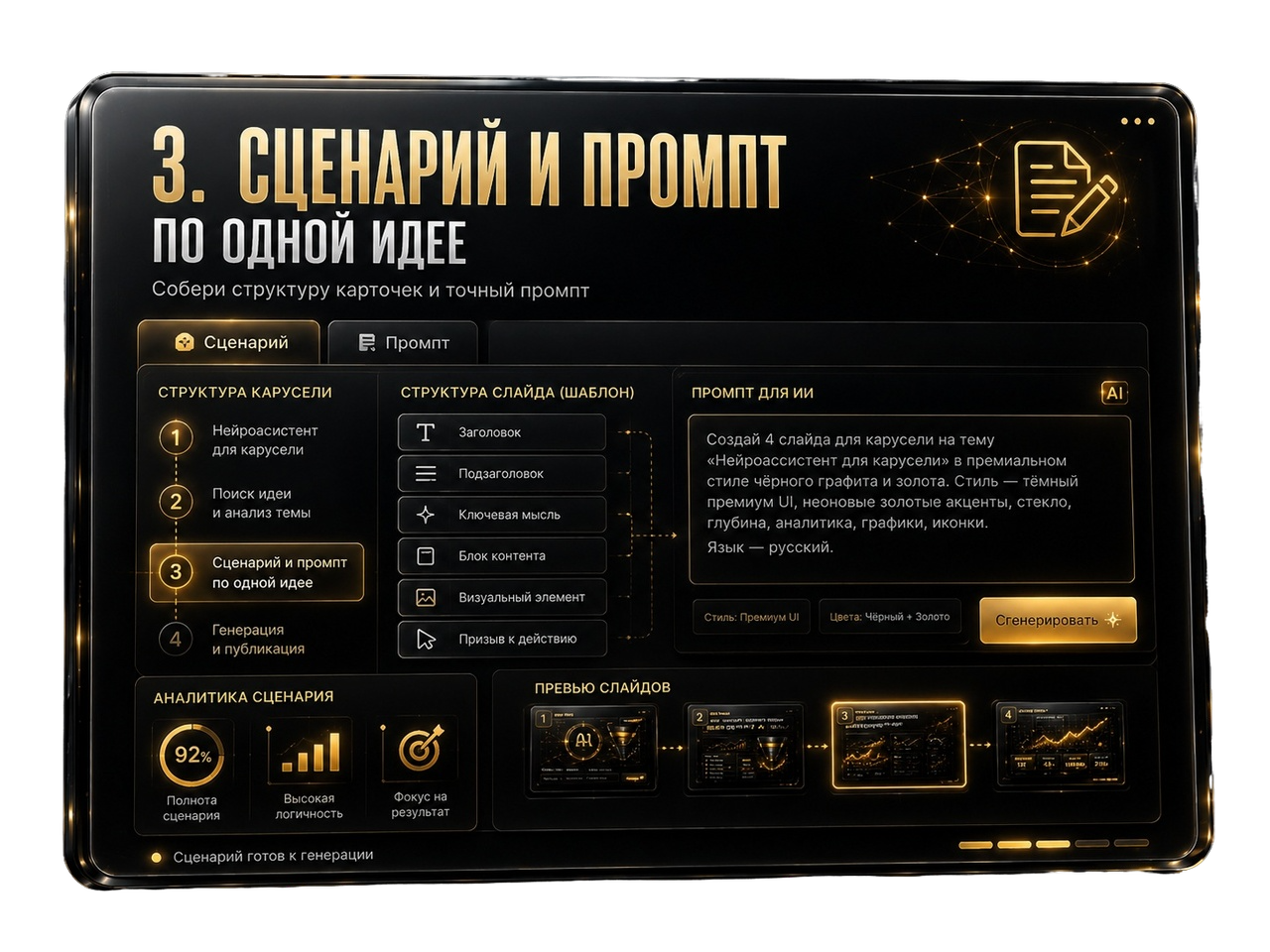 едактор контента помогает найти идею для карусели и собрать структуру слайдов.