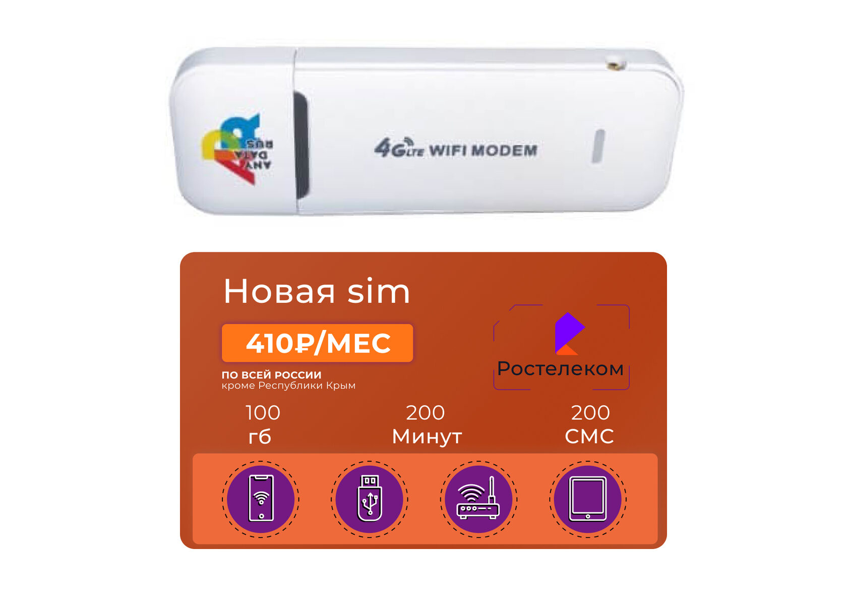 USB модем Anydata W150 WiFi с сим-картой Ростелеком 100 Гб 410 руб/мес -  купить в Москве с доставкой недорого, цены в Bezlimitik.ru