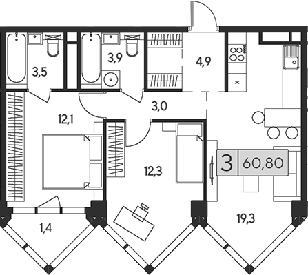 3-комн 60,80 м²