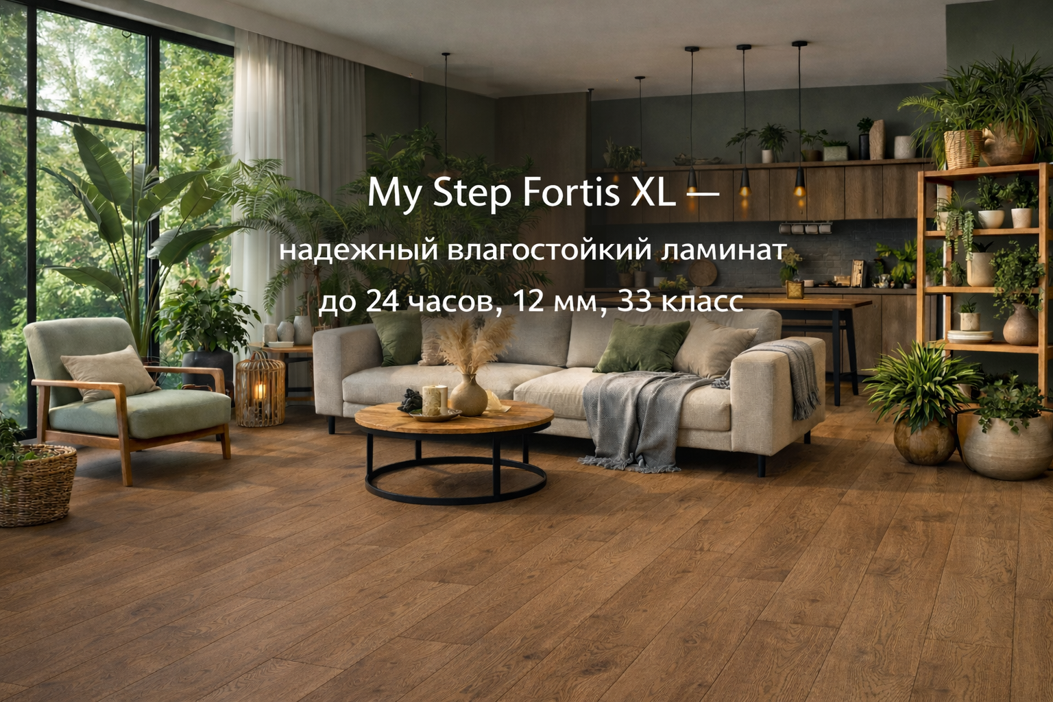 Влагостойкий ламинат My Step Fortis XL 2026 в интерьере, формат XL 1518×239, 12 мм, 33 класс AC5, полуматовая поверхность, Санкт-Петербург, доставка по РФ
