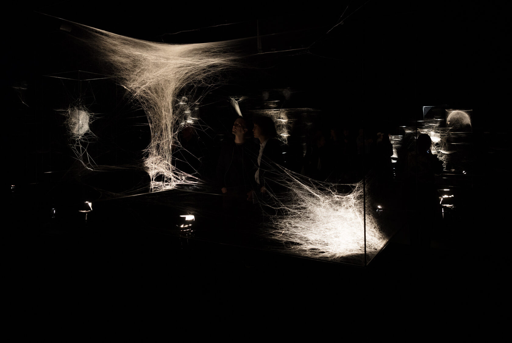 Webs of At-tent(s)ion, 2018. 76 spider frames, spider silk, carbon fiber, lights. Installation view at ON AIR, Carte Blanche to Tomás Saraceno, Palais de Tokyo, curated by Rebecca Lamarche-Vadel. © Photography by Andrea Rossetti, 2018