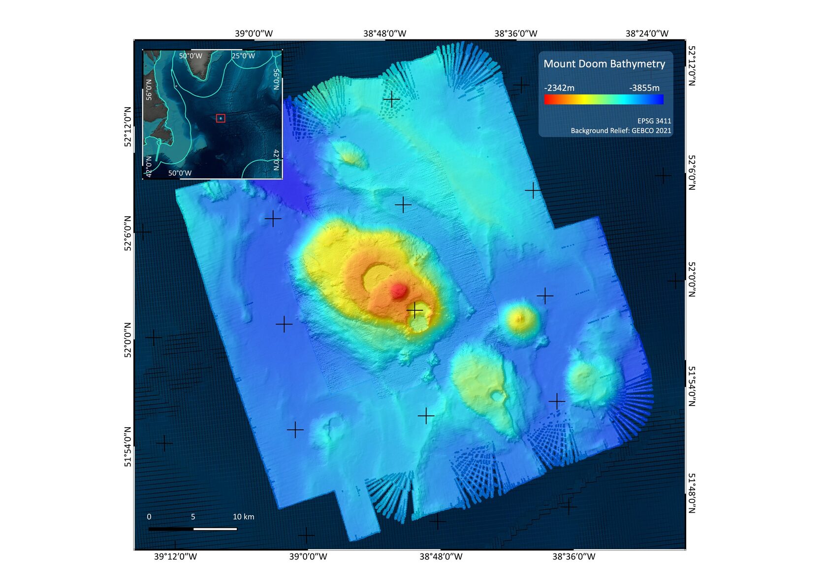 Figure of ‘Mount Doom’ seamount bathymetry using data collected during the IceDivA2 expedition in the NACES MPA area; Image Credit: Mia Schumacher/James Taylor/Senckenberg Research Institute available on PANGAEA at https://doi.org/10.1594/PANGAEA.950893.