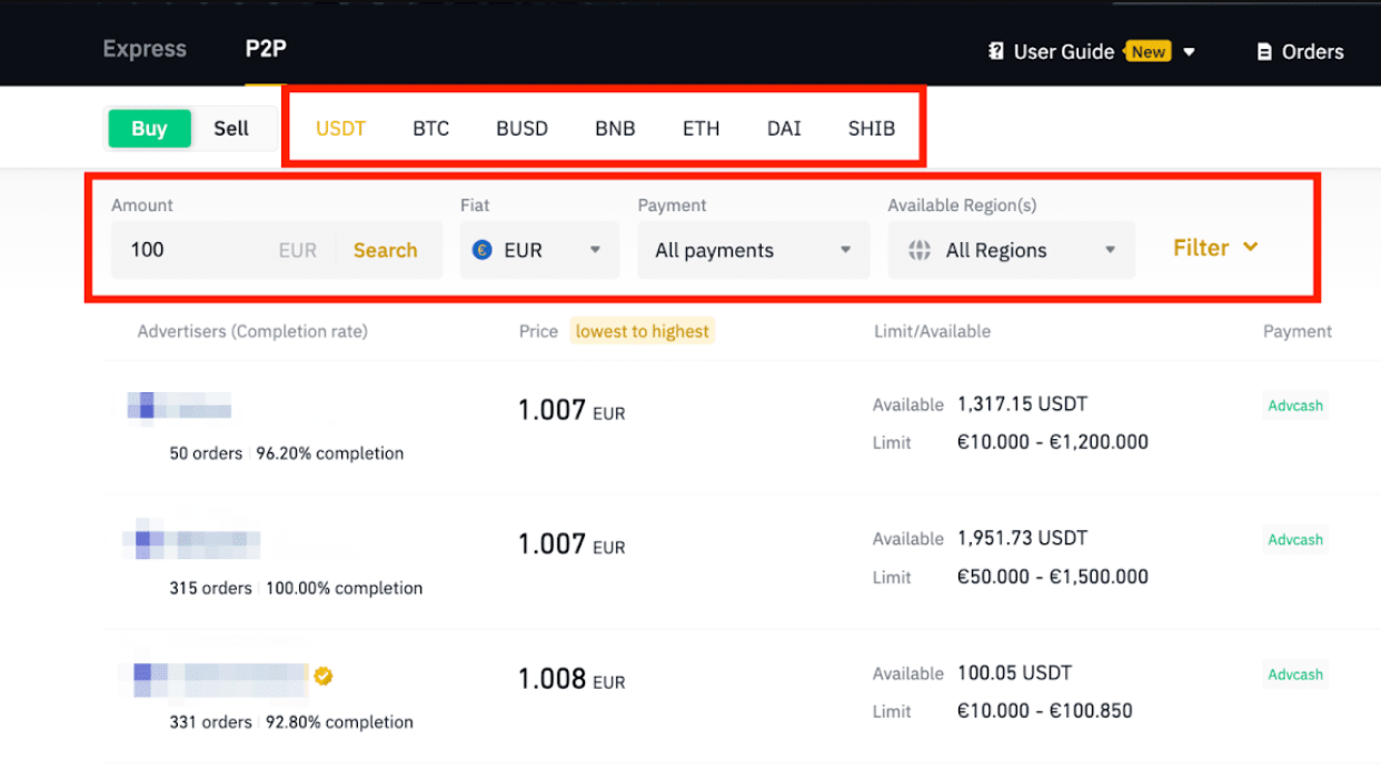 Step 2 of how to buy crypto P2P on Binance