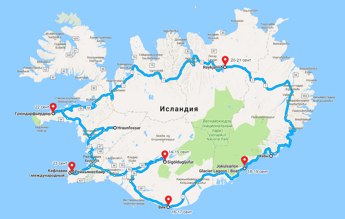 The map of photo tour in Iceland