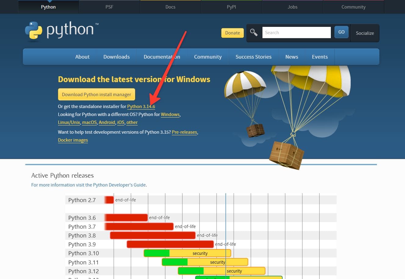 Кликните для скачивания «Or get the standalone installer for Python [версия]»